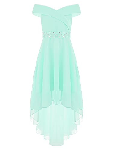 Agoky Kinder Mädchen Schulterfrei Kleider Festlich Hochzeit Blumenmädchen Kleid Midi Lang Chiffon Abendkleid Partykleid Festzug Outfits Mint Grün A 158-164 von Agoky