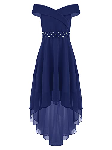 Agoky Kinder Mädchen Schulterfrei Kleider Festlich Hochzeit Blumenmädchen Kleid Midi Lang Chiffon Abendkleid Partykleid Festzug Outfits Navy blau A 146-152 von Agoky