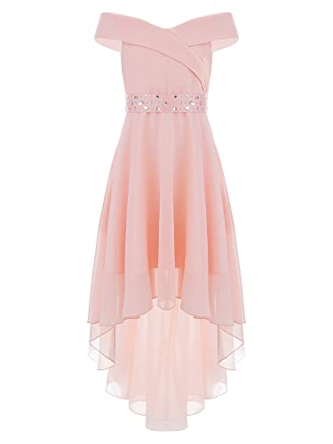 Agoky Kinder Mädchen Schulterfrei Kleider Festlich Hochzeit Blumenmädchen Kleid Midi Lang Chiffon Abendkleid Partykleid Festzug Outfits Rosa A 158-164 von Agoky