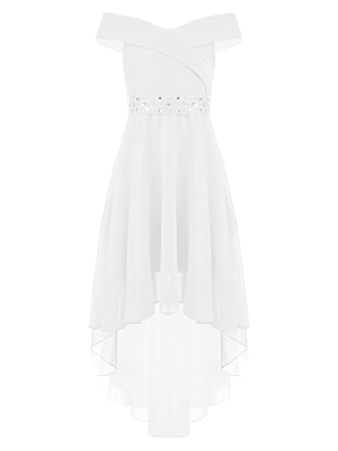 Agoky Kinder Mädchen Schulterfrei Kleider Festlich Hochzeit Blumenmädchen Kleid Midi Lang Chiffon Abendkleid Partykleid Festzug Outfits Weiß A 134-140 von Agoky