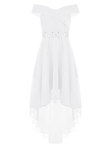 Agoky Kinder Mädchen Schulterfrei Kleider Festlich Hochzeit Blumenmädchen Kleid Midi Lang Chiffon Abendkleid Partykleid Festzug Outfits Weiß A 146-152 von Agoky