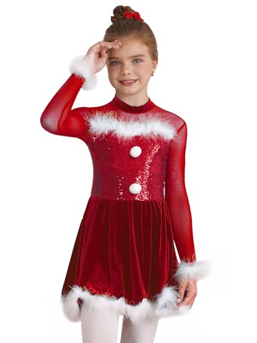 Agoky Kinder Mädchen Weihnachtskostüm Schneemann Kleid Pailetten Partykleid Mit Tutu Rock Und Federbesatz Ärmellos Neckholder Tanzkleider Mit Knöpfe Rot Langarm 158-164 von Agoky