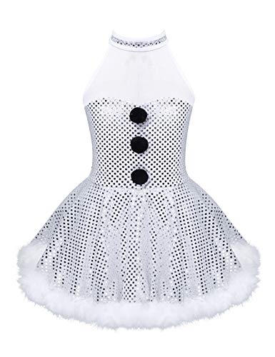 Agoky Kinder Mädchen Weihnachtskostüm Schneemann Kleid Pailetten Partykleid Mit Tutu Rock Und Federbesatz Ärmellos Neckholder Tanzkleider Mit Knöpfe Weiß 110-116 von Agoky