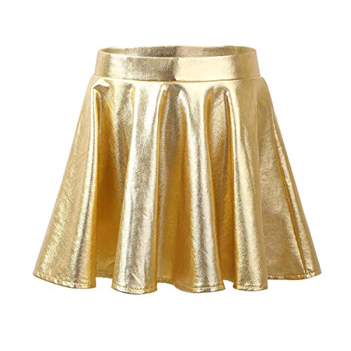 Agoky Kinder Mädchen Wetlook Leder Rock Hochglanz Metallic A-Linie Rock Minirock Skater Tanzrock Gr.110-164 Gold H 110-116 von Agoky