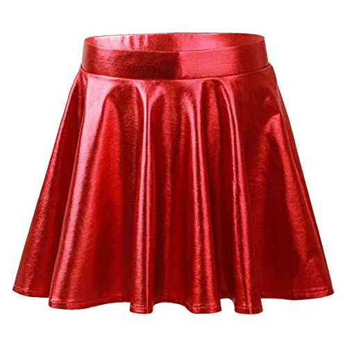 Agoky Kinder Mädchen Wetlook Leder Rock Hochglanz Metallic A-Linie Rock Minirock Skater Tanzrock Gr.110-164 Rot H 146-152 von Agoky