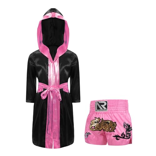 Agoky Kinder Muay Thai Kleidung Set Boxshorts mit Kapuzen Umhang MMA Kickboxen Anzug Training Grappling und Kampfsport Outfits 5–16 Jahre Schwarz & Rosa 134-140 von Agoky