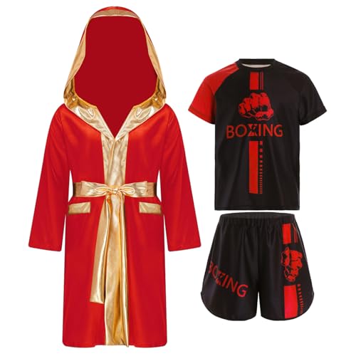 Agoky Kinder Muay Thai Set T-Shirt Boxshorts mit Kapuzenjacke Umhang MMA Kickboxen Anzug Training Grappling und Kampfsport Outfits 5–16 Jahre Rot 146-152 von Agoky