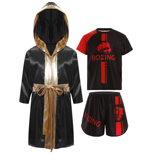 Agoky Kinder Muay Thai Set T-Shirt Boxshorts mit Kapuzenjacke Umhang MMA Kickboxen Anzug Training Grappling und Kampfsport Outfits 5–16 Jahre Schwarz Rot 134-140 von Agoky