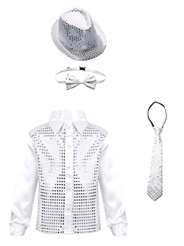 Agoky Kinder Pailletten Hemd Langarm Bluse Button Down Oxford Shirts mit Fedora Hut Fliege und Krawatte Gentleman Weihnachten Party Jazz Modern Outfits Weiß 158-164 von Agoky