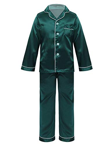 Agoky Kinder Schlafanzug Mädchen Satin Pyjama Set Langarm Button-Down Hemd Lange Schlafhose Nachtwäsche Zweiteilige Kleidung Set Gr. 122-164 Dunkel Grün 134-140 von Agoky