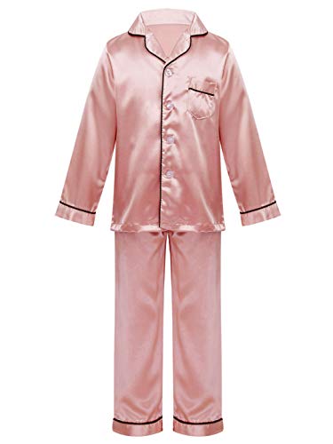 Agoky Kinder Schlafanzug Mädchen Satin Pyjama Set Langarm Button-Down Hemd Lange Schlafhose Nachtwäsche Zweiteilige Kleidung Set Gr. 122-164 Hell Lila 122-128 von Agoky