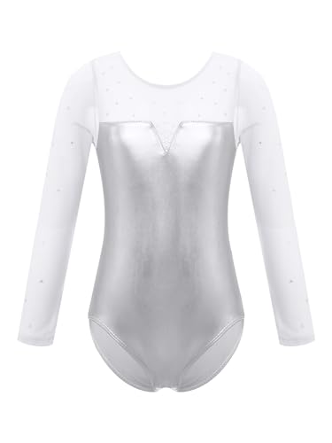 Agoky Langarm Turnanzug für Mädchen Spleiß Gymnastikanzug aus Glitzer Stoff Glanz Leotards Trikot Tanz Body Overalls gr.92-164 Silber 134-140 von Agoky