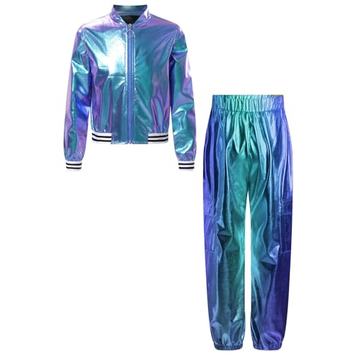 Agoky Mädchen 80er 90er Trainingsanzug Metallic Jogginganzug Sportanzug Glänzend Jacke und Hose Hip Hop Modern Jazz Tanz Kleidung Set Blau 134-140 von Agoky