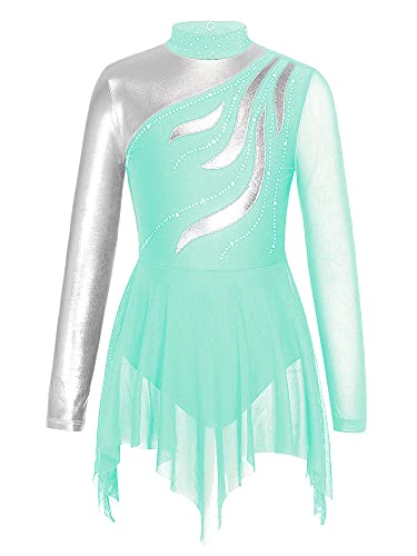 Agoky Mädchen Ärmellos/Langarm Skaterkleid Glitzer Eiskunstlauf Kleid Tanzkleid Mesh kurz Swing Tutu gefaltet Röckchen mit Slip Blaugrün H 122-128 von Agoky