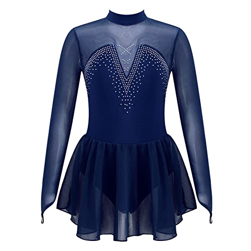 Agoky Mädchen Langarm Skaterkleid Glitzer Eiskunstlauf Kleid Tanzkleid Mesh kurz Swing Tutu gefaltet Röckchen mit Slip Navy Blau B 158-164 von Agoky