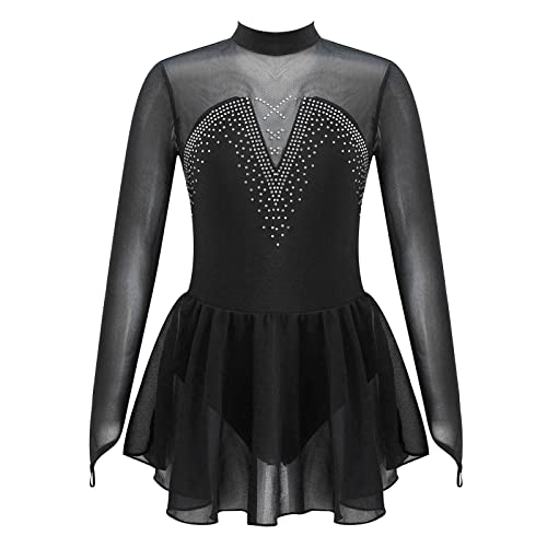 Agoky Mädchen Ärmellos/Langarm Skaterkleid Glitzer Eiskunstlauf Kleid Tanzkleid Mesh kurz Swing Tutu gefaltet Röckchen mit Slip Schwarz E 134-140 von Agoky