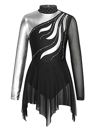 Agoky Mädchen Ärmellos/Langarm Skaterkleid Glitzer Eiskunstlauf Kleid Tanzkleid Mesh kurz Swing Tutu gefaltet Röckchen mit Slip Schwarz H 170-176 von Agoky