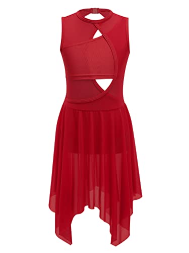 Agoky Mädchen Ärmellos Ballettkleid Tanzkleid Unregelmäßig Vorne kurz Hinten Lang Ballettrock Gymnastikanzug Tanzkleidung Rot 122-128 von Agoky