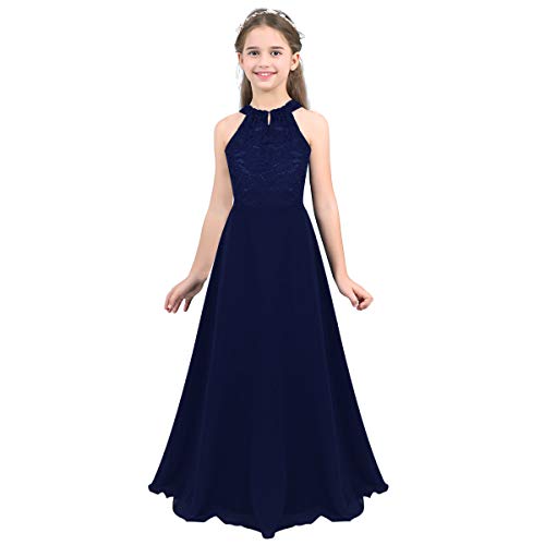 Agoky Mädchen Ärmellos Spitze Hochzeit Blumenmädchenkleider Kinderkleid Festlich Kommunionkleid Bodenlang Rock Navy Blau 134 von Agoky