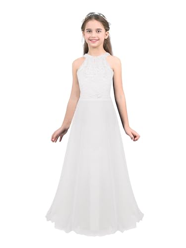 Agoky Mädchen Ärmellos Spitze Hochzeit Blumenmädchenkleider Kinderkleid Festlich Kommunionkleid Weiß 128 von Agoky