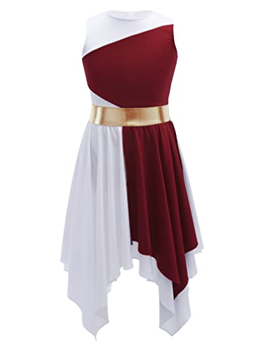 Agoky Mädchen Ärmellos Tanzkleid Farbblock Modern Kleid Unregelmäßig Swing Skater Rock Römische Göttin Toga Rot 146-152 von Agoky