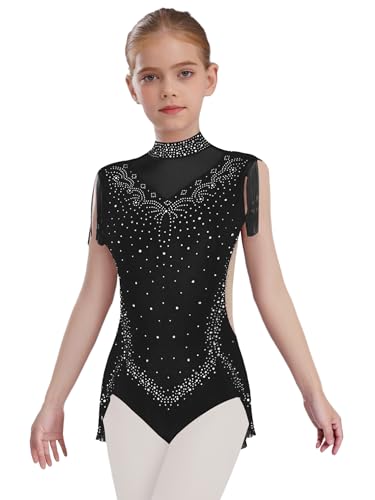 Agoky Mädchen Ärmellos Turnanzug Kinder Gymnastikanzug Strasssteine Tanzbody Mesh Spleiß Leotard Stehkragen Eiskunstlauf Anzug mit Rüschen Fransen Schwarz 146-152 von Agoky