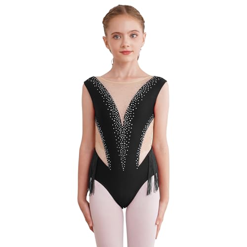 Agoky Mädchen Ärmellos Turnanzug Kinder Gymnastikanzug Streifen Tanzbody mit Mesh Spleiß Rollkragen Eiskunstlauf Anzug Klassisch Leotard Schwarz A 122-128 von Agoky