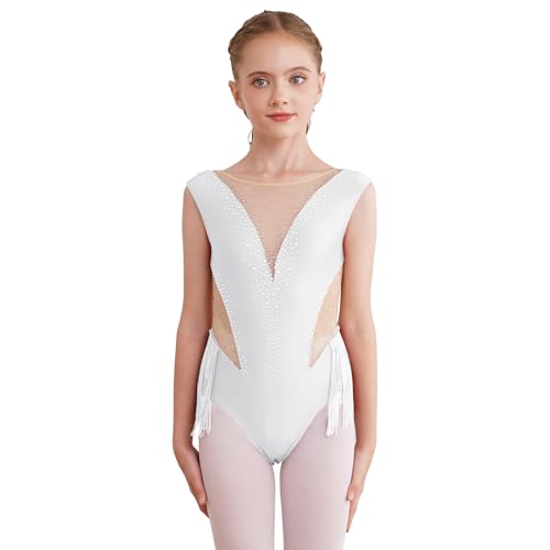 Agoky Mädchen Ärmellos Turnanzug Kinder Gymnastikanzug Streifen Tanzbody mit Mesh Spleiß Rollkragen Eiskunstlauf Anzug Klassisch Leotard Weiß A 134-140 von Agoky