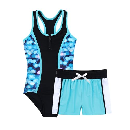 Agoky Mädchen Badeanzug 2 Stücke Tankini Set Badeanzug + Badeshorts Schwimmen Baden Outfits Schwimmanzug gr. 98-176 Blau 134-140 von Agoky