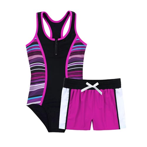 Agoky Mädchen Badeanzug 2 Stücke Tankini Set Badeanzug + Badeshorts Schwimmen Baden Outfits Schwimmanzug gr. 98-176 Rosenrot 146-152 von Agoky