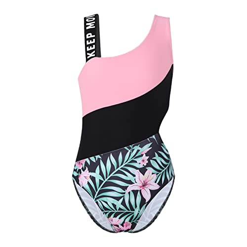 Agoky Mädchen Badeanzug Schnelltrocknend UV-Schutz Einteiler Regenbogen/Blumen Druck Bademode Swimsuit Beachwear Gr.98-176 Pink B 146-152 von Agoky