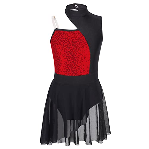 Agoky Mädchen Ballettkleid ärmellos mit Spaghetti Tops V-Ausschnitt Pailletten Kleider Asymmetrischer Rock Kinder Ballettanzug Tanzkleid Kostüm gr.110-164 Rot B 122-128/7-8 Jahre von Agoky