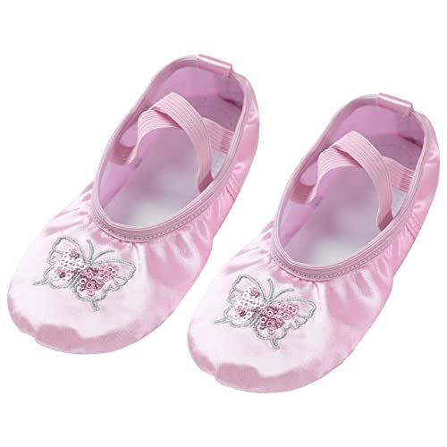 Agoky Mädchen Ballettschuhe Ballettschläppchen Ballerinas Tanzschuhe Gymnastikschuhe mit Gummiband Pailletten Schmetterling Krone Aufdruck Rosa A 26 EU von Agoky