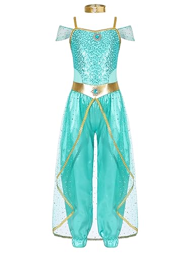 Agoky Mädchen Bauchtanz Kleidung Set aus Pailetten Crop Top und Pumphose Wickelrock Schleier Kopfbedeckung indische Prinzessin Party Outfits Hellgrün FA 134-140 von Agoky