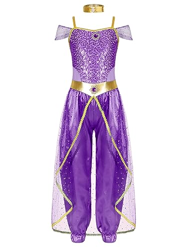 Agoky Mädchen Bauchtanz Kleidung Set aus Pailetten Crop Top und Pumphose Wickelrock Schleier Kopfbedeckung indische Prinzessin Party Outfits Violett FA 134-140 von Agoky