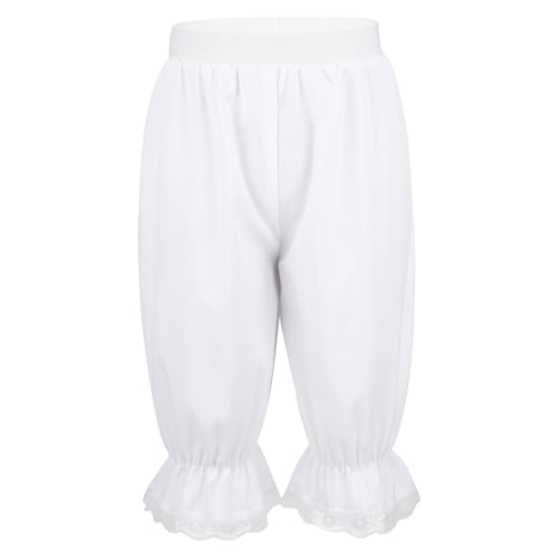 Agoky Mädchen Bloomers Spitzen Pumphose Viktorianischen Shorts mit Elastischer Bund Volants Lange Unterhose mit Bein Elegant Nachtwäsche Weiß 110-116 von Agoky