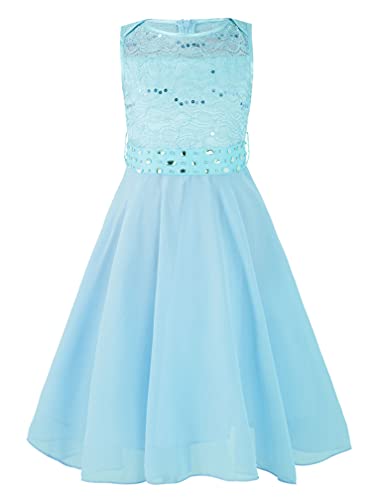 Agoky Mädchen Blumenkinder Spitze Chiffon Kleider Hochzeits Brautjungfernkleid Party Tanz Ball Elegantes Kommunionkleid mit Stass Gürtel Hellblau 104 von Agoky