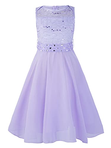 Agoky Mädchen Blumenkinder Spitze Chiffon Kleider Hochzeits Brautjungfernkleid Party Tanz Ball Elegantes Kommunionkleid mit Stass Gürtel Lavender 128 von Agoky