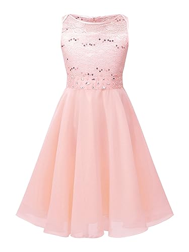 Agoky Mädchen Blumenkinder Spitze Chiffon Kleider Hochzeits Brautjungfernkleid Party Tanz Ball Elegantes Kommunionkleid mit Stass Gürtel Rosa 128 von Agoky