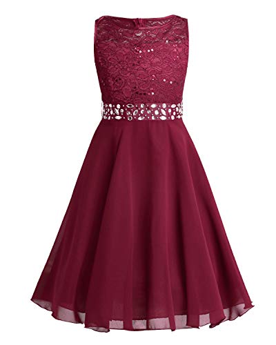 Agoky Mädchen Blumenkinder Spitze Chiffon Kleider Hochzeits Brautjungfernkleid Party Tanz Ball Elegantes Kommunionkleid mit Stass Gürtel Rot 164 von Agoky