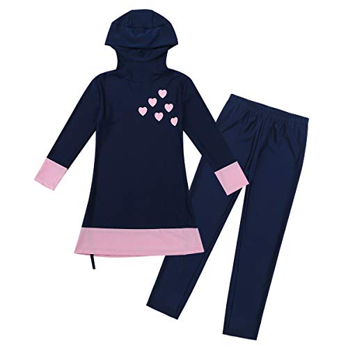 Agoky Mädchen Burkini Kinder Badeanzug Muslim Islamischen Full Cover Bademode Top + Hosen Wassersport UV Schutz Anzug Navy Blau 140-152 von Agoky