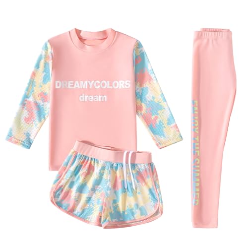 Agoky Mädchen Sport Bade Set Langarm Rash Guard Shirt UV Schutz Schnelltrockende Top mit Lange Badehose und Kurze Badeshorts Z Rosa 122-128 von Agoky