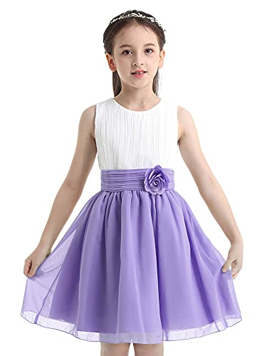 Agoky Mädchen Chiffon Kleider Festlich Partykleid Brautjungfernkleid für Hochzeit Festzug Kleidung mit Blumen Plissee Rock gr. 104-164 Lavender 128 von Agoky