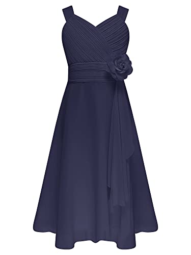 Agoky Mädchen Chiffon Kleider Festlich Partykleid Brautjungfernkleid für Hochzeit Festzug Kleidung mit Blumen Plissee Rock gr. 104-164 Navy Blau D 176 von Agoky
