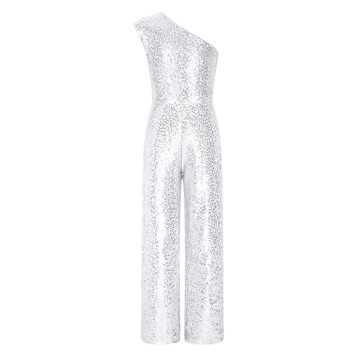 Agoky Mädchen Ein-Schulter Jumpsuit mit Glitzer Glänzend Overall Lange Hose Einteiler Hosenanzug Elegant Romper Party Hochzeit Geburtstag Outfits Silber 146-152 von Agoky