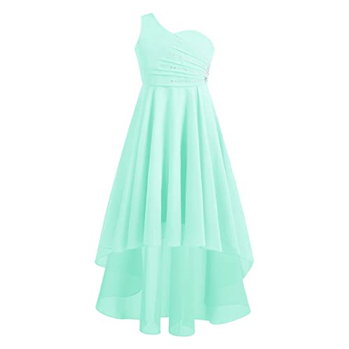 Agoky Mädchen Elegant Brautjungfer Kleid Ärmellos One Shouder Partykleid Knielang Chiffon Abendkleid Glitzer Cocktailkleid Vorne Kurz Hinten Lang Rock Mint Grün 158-164/13-14 Jahre von Agoky