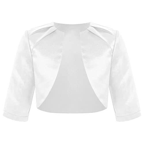 Agoky Mädchen Elegant Satin Bolero Halbarm Jäckchen mit Plissee Vorne Offen Schulterjacke zum Taufkleid Kommunionskleid Weiß 134-140 von Agoky