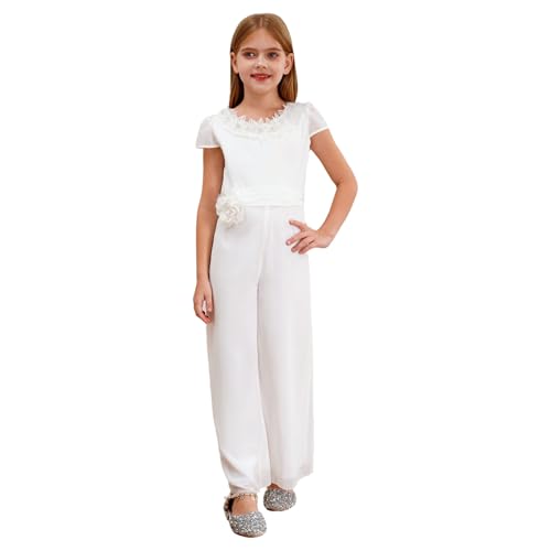 Agoky Mädchen Festlich Blumenmädchen Jumpsuit Sommer Hosenanzug Overall mit Weite Hose Hosenrock Blumen Lace Party Kommunion Konfirmation Outfits Elfenbein 158-164 von Agoky
