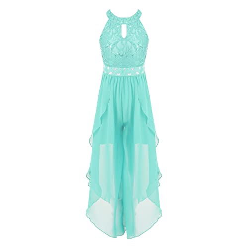 Agoky Mädchen Festlich Chiffon Jumpsuit Sommer Spitzen Hosenanzug Neckholder Overall Weite Hose Hosenrock Party Outfits Mint Grün 122-128 von Agoky