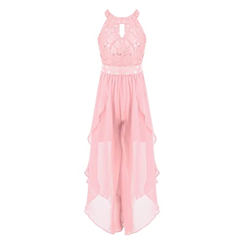 Agoky Mädchen Festlich Chiffon Jumpsuit Sommer Spitzen Hosenanzug Neckholder Overall Weite Hose Hosenrock Party Outfits Rosa 146-152 von Agoky
